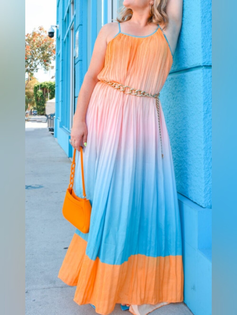 Current Air Ombre Pleated Maxi Dress in Peach, Pink & Teal Size Medium Nwts